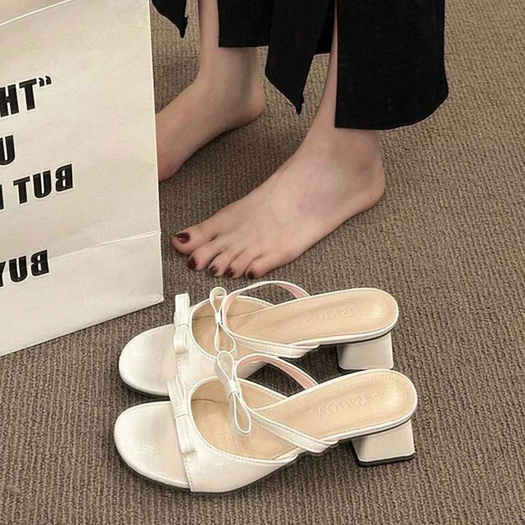 法式绝美小凉拖女夏季外穿新款高跟凉鞋粗跟玛丽珍白色拖鞋不累脚