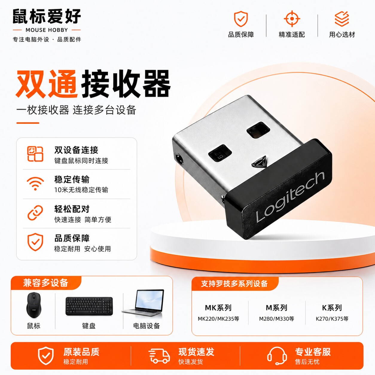 适配罗技双通接收器无线键鼠套装USB接收头MK270MK系列等替换配件