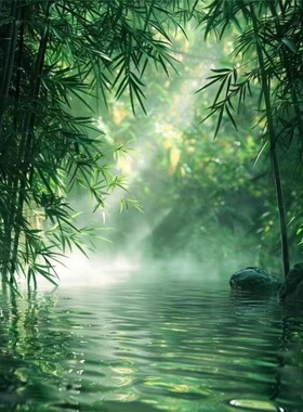 竹林富水风景自粘画绿色竹子背景墙贴画客厅卧室书房防水装饰画