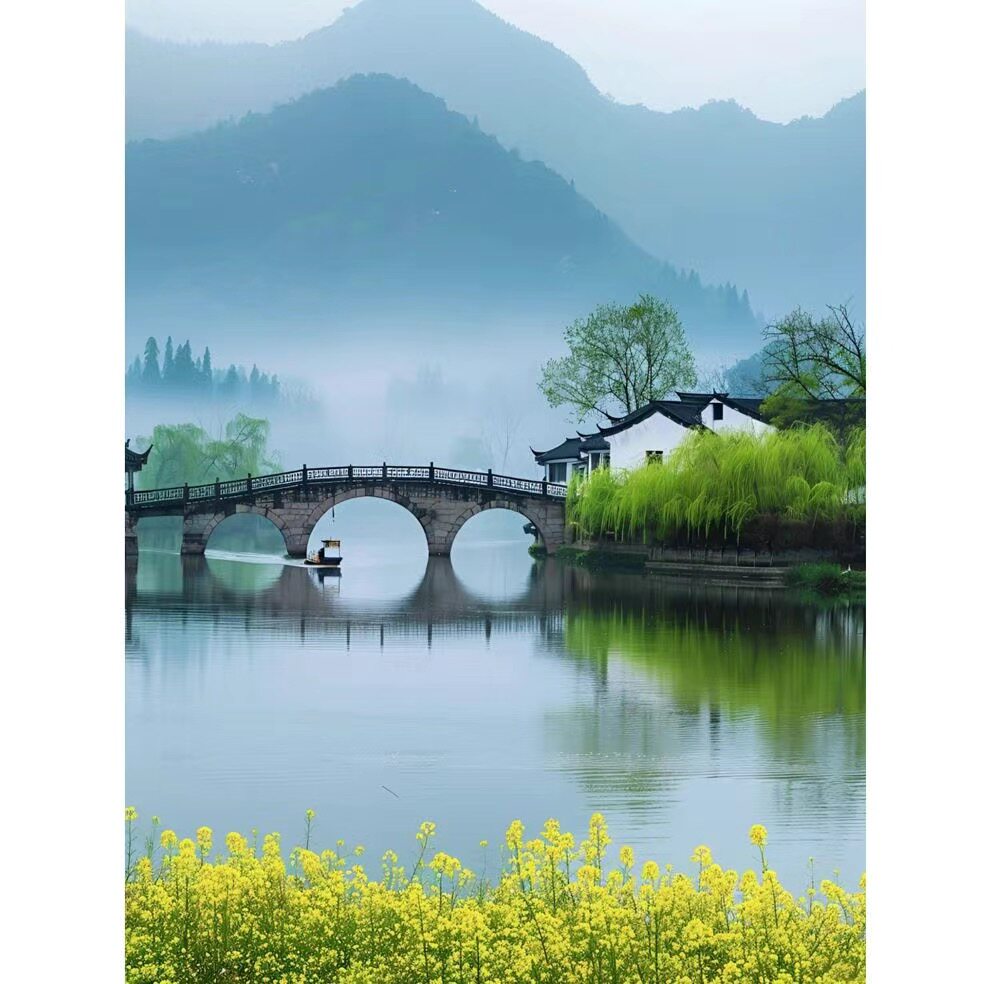 江南水乡自粘风景墙贴客厅卧室