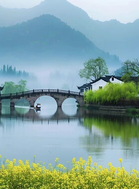 江南水乡自粘风景墙贴客厅卧室