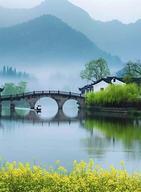 江南水乡自粘风景墙贴客厅卧室