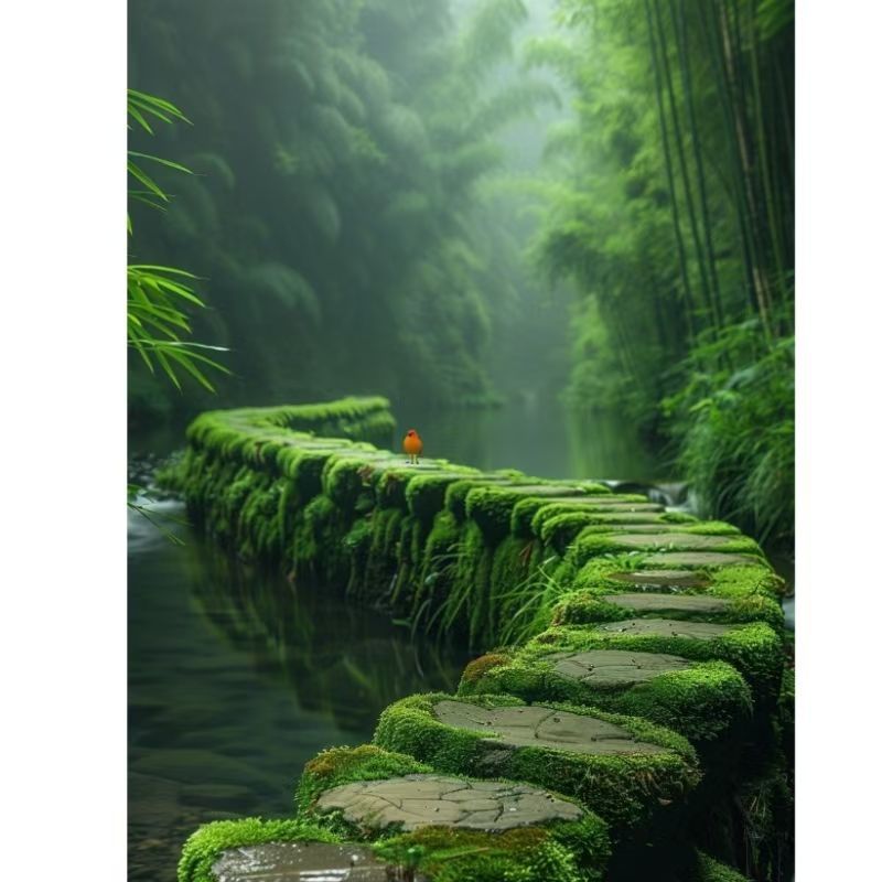 中式禅意竹林小溪自粘防水装饰画
