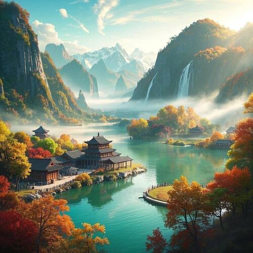 山水聚财自粘贴画风景贴纸