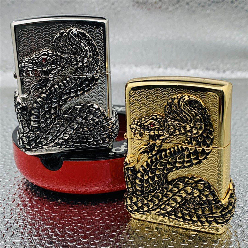 ZIPPO打火机正品韩版蛇年纪念款四面环绕红眼金银蛇王神ZBT-1-30B