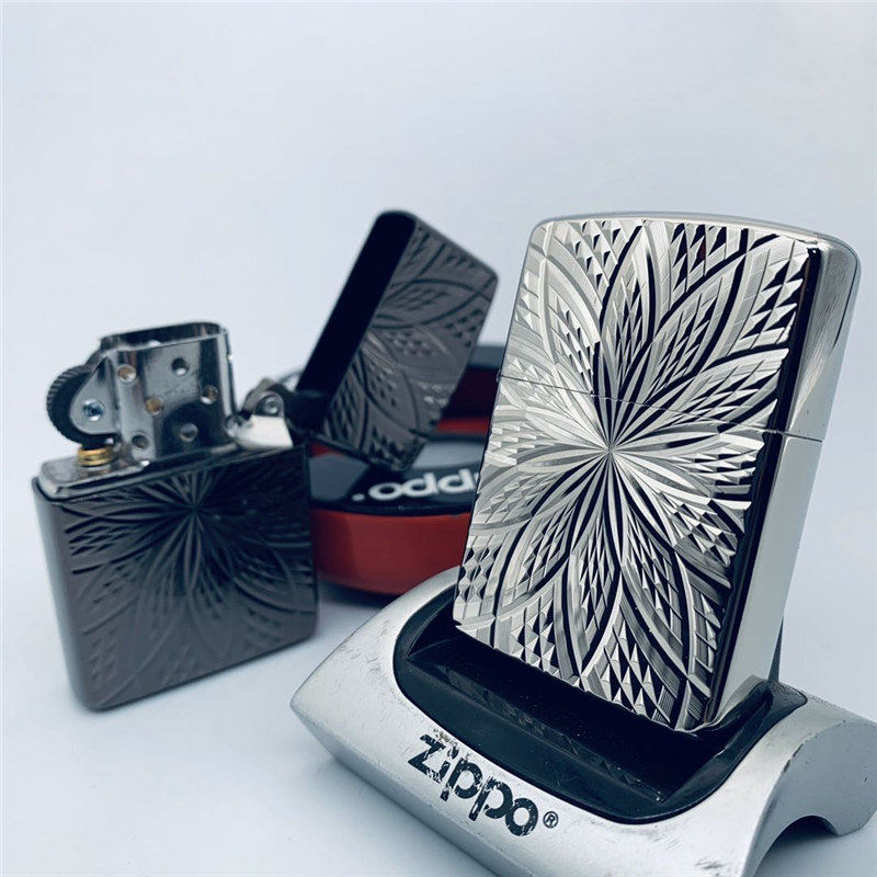 正品ZIPPO防风煤油打火机美版盔甲银黑色枪花繁花情人节男士节 礼