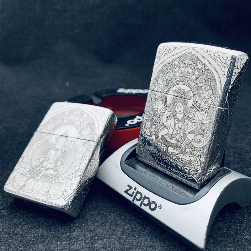 原装ZIPPO美国防风煤油打火机 纯铜 纯银五面精雕 白度母文殊菩萨