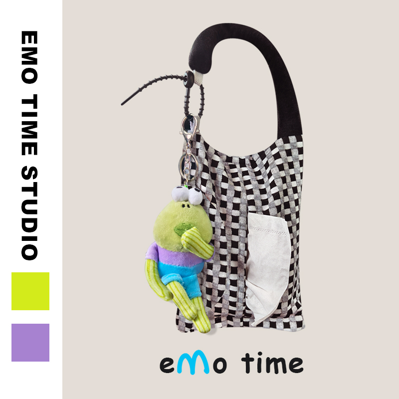 emo原创比奇堡呆呆鱼车载棋盘格纸抽盒毛绒抽纸盒饰品抽纸收纳