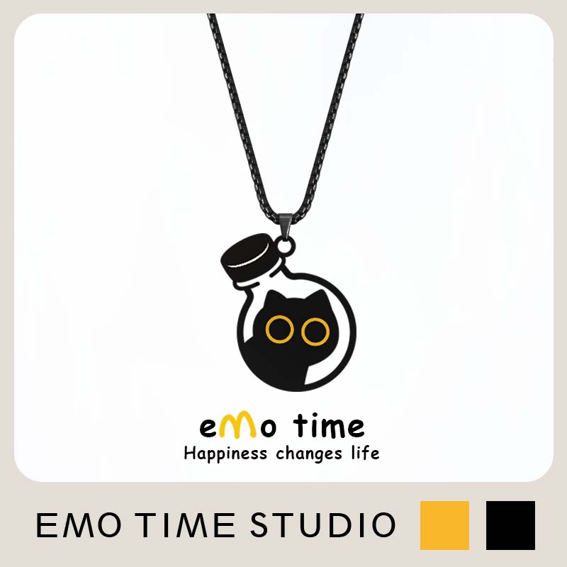 emo 原创漂流瓶小黑猫电镀合金项链情侣百搭配饰挂件吊坠颈饰带