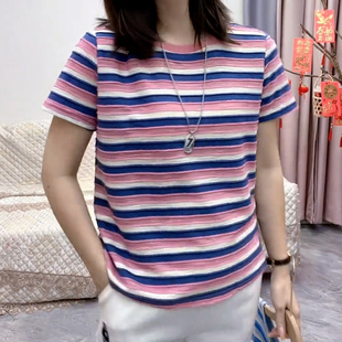 简约休闲百搭洋气减龄上衣撞色条纹短袖 女 T恤女夏季 条纹圆领短袖