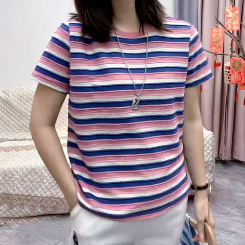 夏季简约撞色条纹短袖T恤女