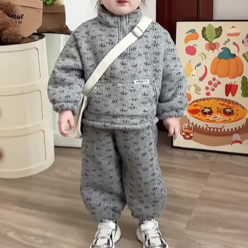 女童韩国碎花运动套装秋冬季2025新款儿童时髦加绒加厚卫衣两件套