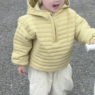 韩系童装儿童夹棉连帽卫衣棉服男女童新款宽松半拉链套头棉衣秋款