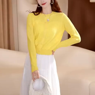高端轻奢大码女装春季新款黄色圆领长袖防晒衣百搭修身显瘦开衫女