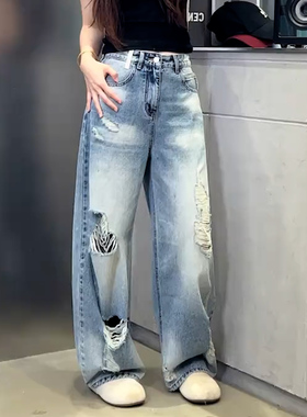 美式高街风水洗破洞牛仔阔腿裤女高腰显瘦休闲长裤潮宽松弯刀裤子