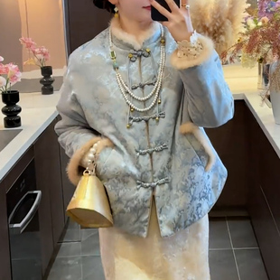 新中式风立领盘扣棉服宽松厚外套高级感气质国风女装提花盘扣外套