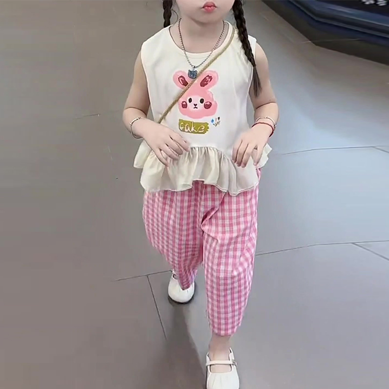 女童套装夏日韩系可爱软萌兔子套装甜美宝宝背心粉色格子裤两件套