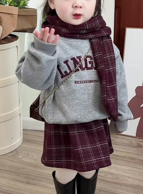 儿童过年服套装秋冬男童格子长裤女童洋气小公主红色加绒卫衣裙子