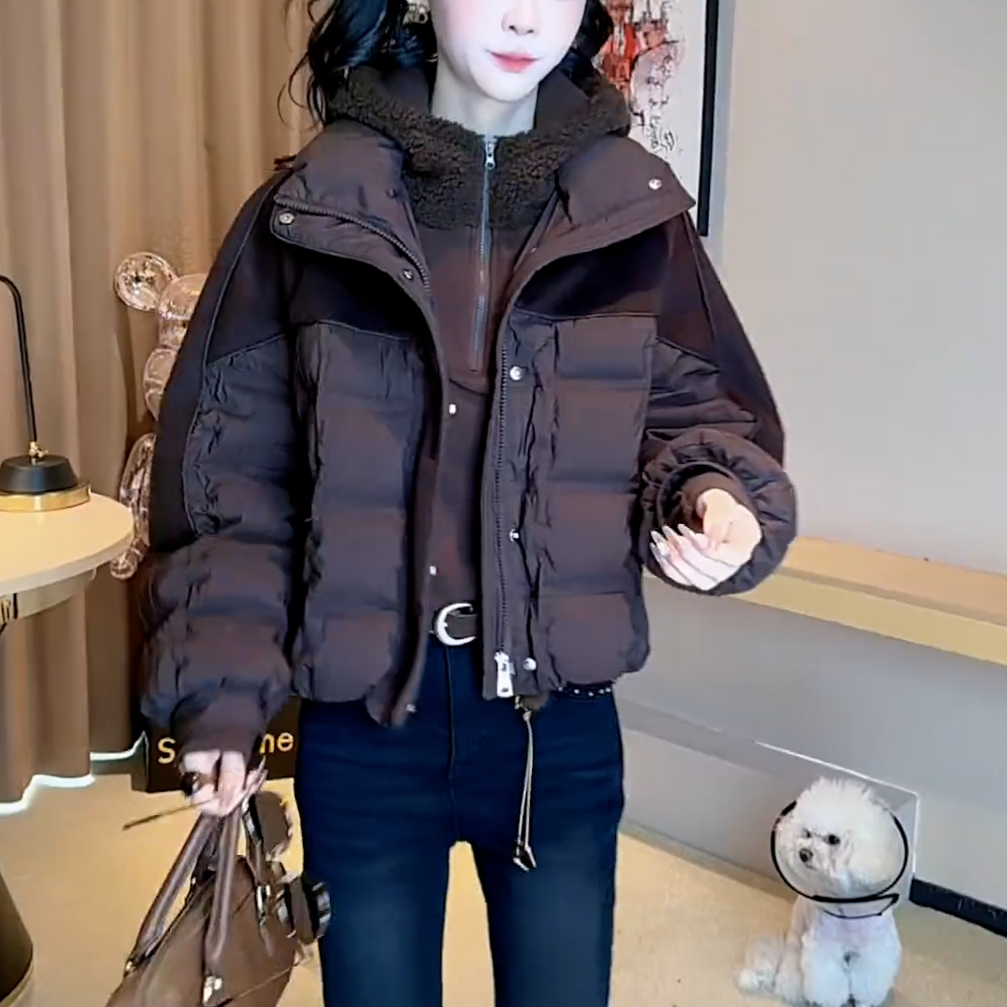 时尚拼接设计感立领拉链棉服