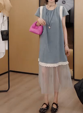 甜美蓝色网纱拼接连衣裙女夏气质度假风韩系绝美长裙气质鱼尾裙子