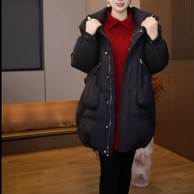 黑色连帽中长款加厚保暖棉服女