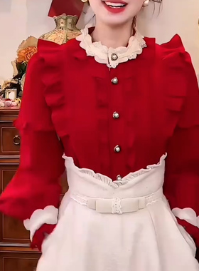 优雅气质洋气木耳边拼接衬衫高级感轻奢红色上衣甜美减龄法式衬衣