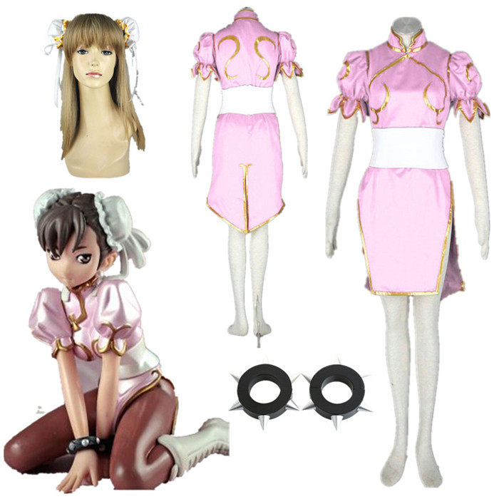 动漫服饰cosplay服街头霸王春丽装3代粉红色旗袍刺钉手镯全套服装