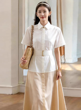 白色衬衫连衣裙女夏新款通勤风翻领收腰高级感裙子
