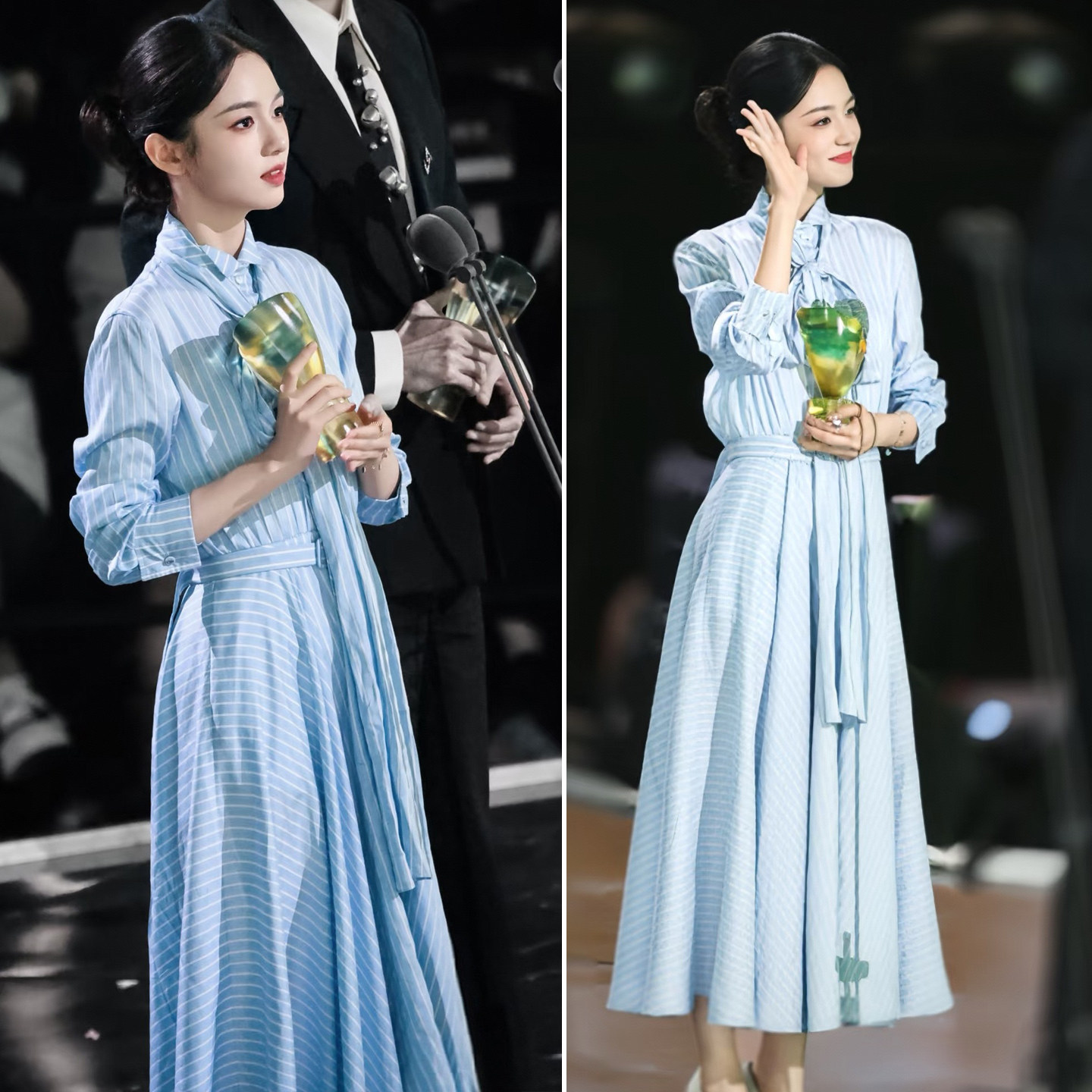 深圳南油周也明星同款蓝色条纹衬衫连衣裙女收腰淑女长裙清爽飘逸