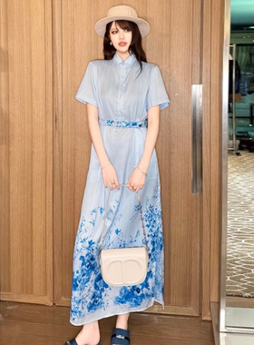 青花瓷风短袖立领蓝色条纹印花连衣裙女长款收腰显瘦