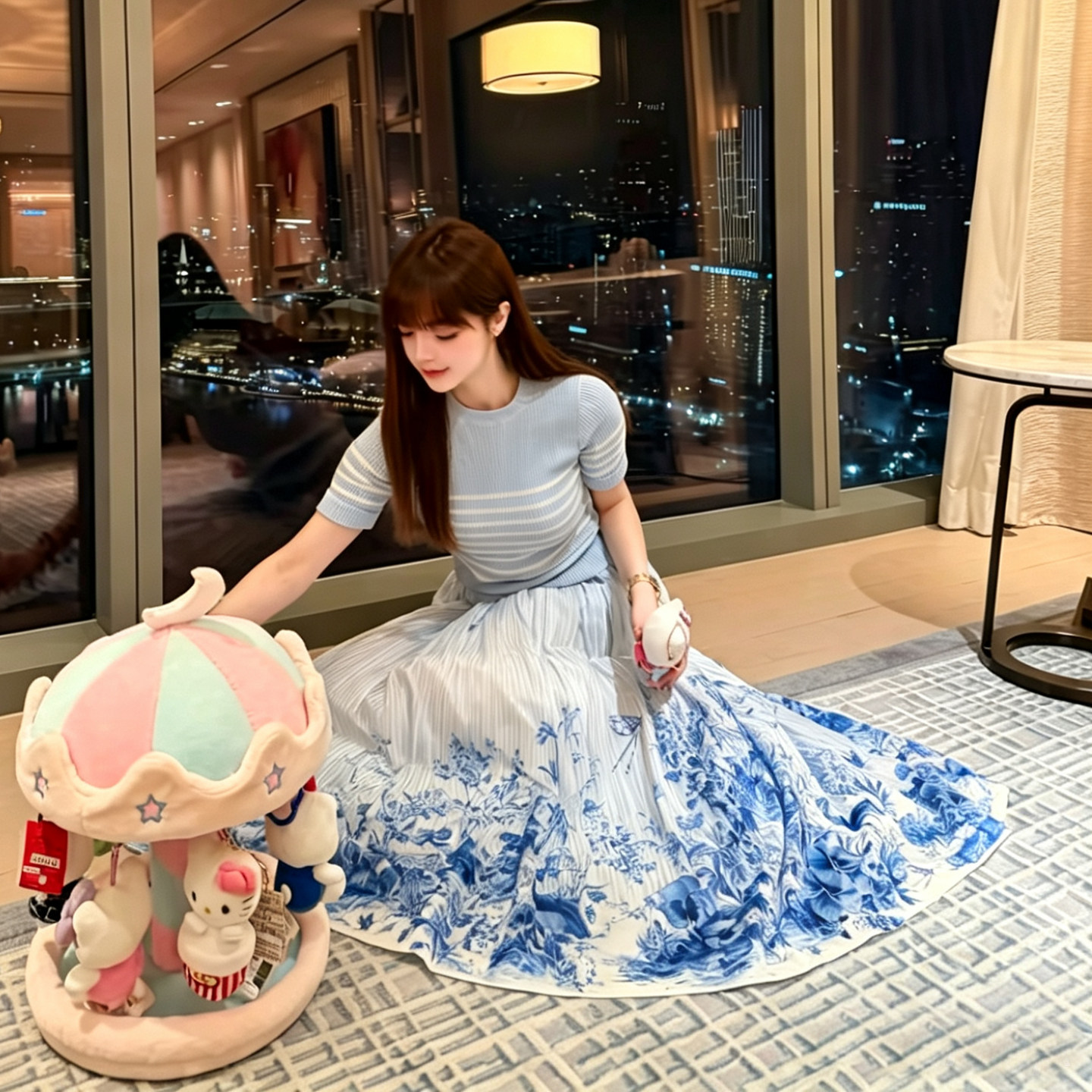 深圳南油D家大牌明星同款彩风花卉刺绣短袖大摆裙套装两件套夏