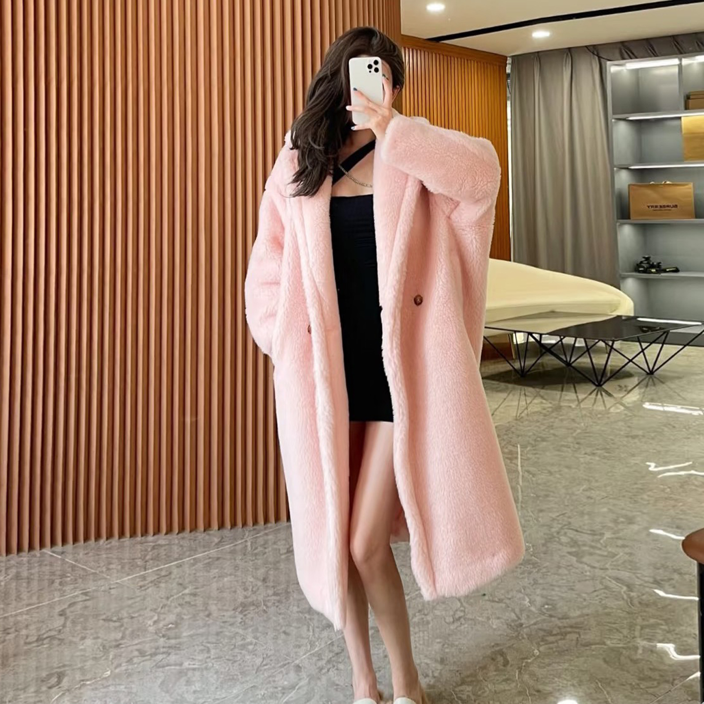 新款M家泰迪熊大衣廓型颗粒羊驼绒剪毛teddy皮草外套女中长款