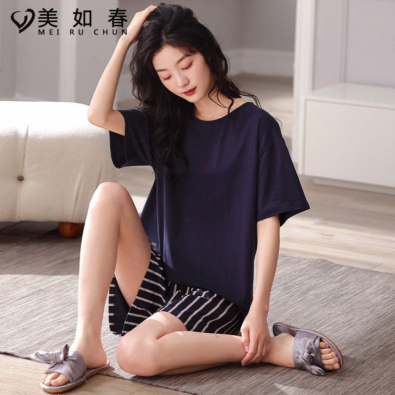 莱卡棉睡衣女夏季纯棉短裤短袖薄款女士家居服套头休闲少女套装