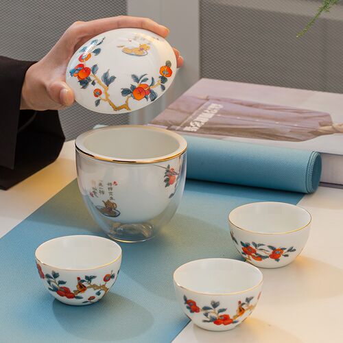 好事发生白瓷玻璃描金柿子旅行茶具D茶水分离带过滤车载便携快客