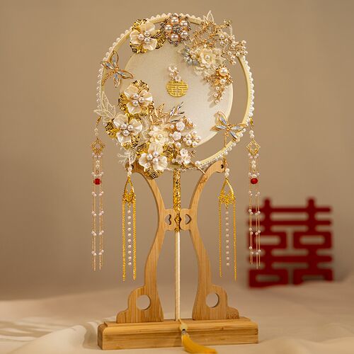 香槟色新娘团扇diyp材料包中式婚礼晨袍扇出嫁结婚蒲扇秀禾喜扇子