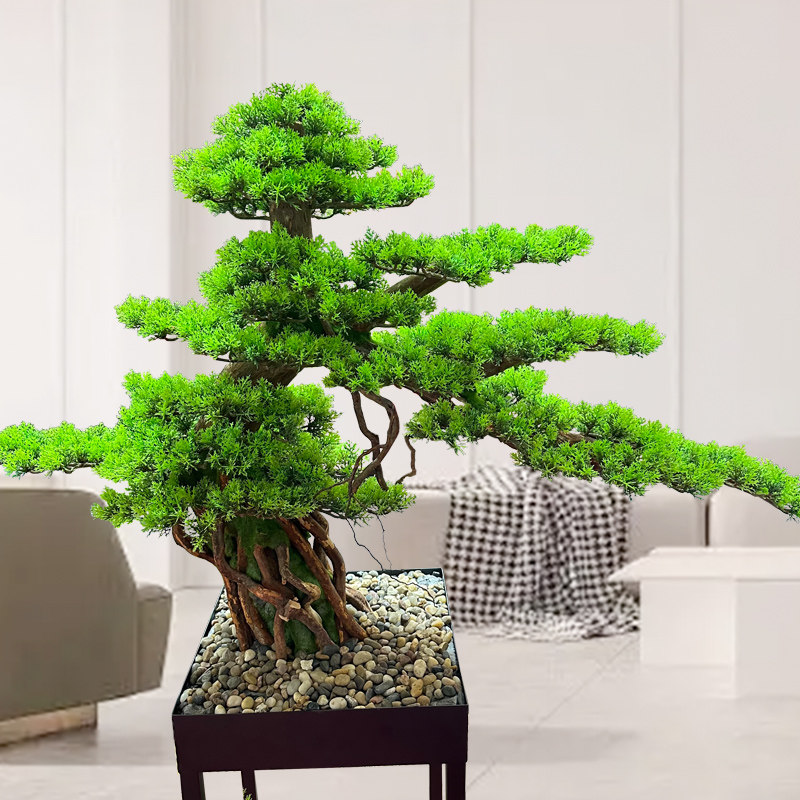 仿真迎客松植物假松m树罗汉松中小型盆景室内摆件客厅实木酒店桌