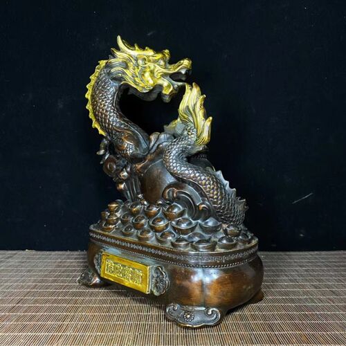 仿古纯铜鎏金祥龙聚宝盆龙家居店铺办E公室装饰工艺礼品摆饰生肖