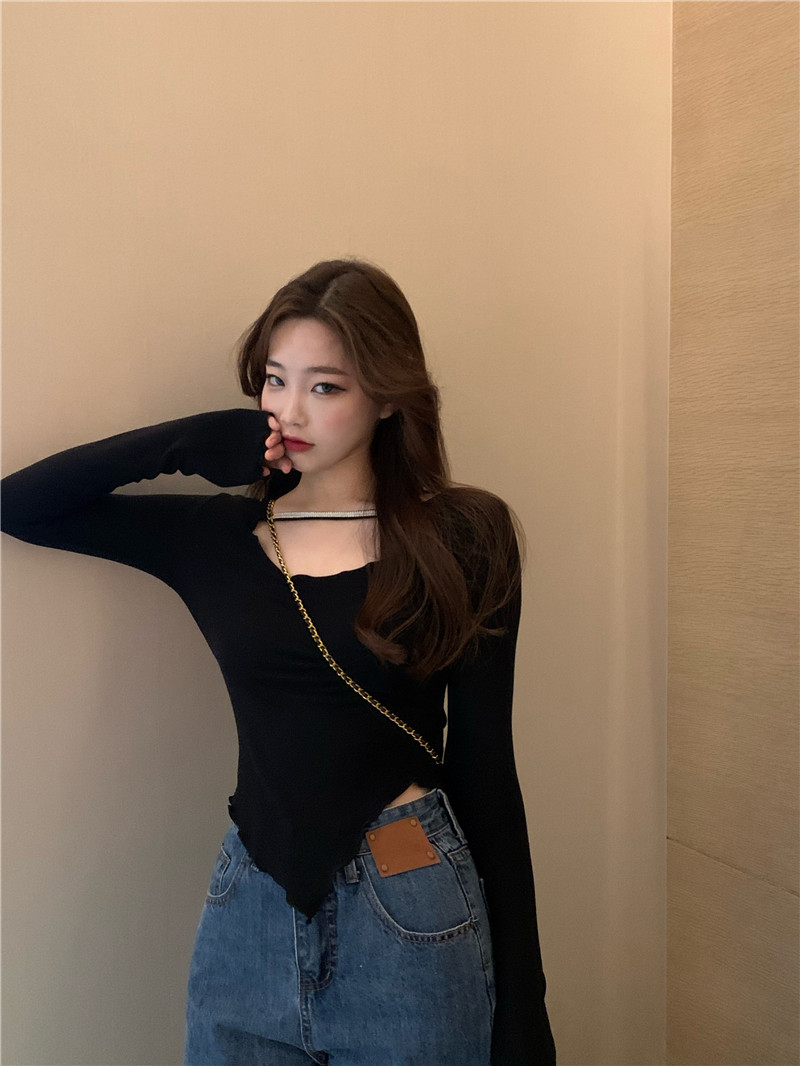 Real price with irregular hem T-shirt long sleeve grey thin bottomed top