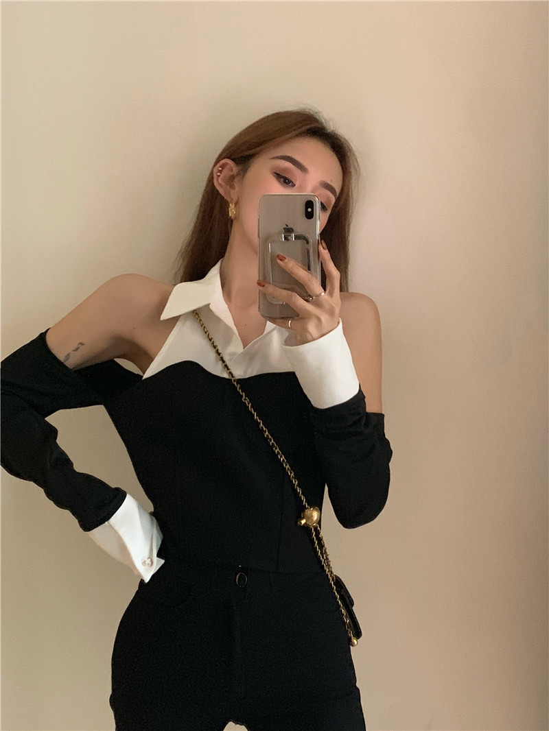 Real Price vintage stitching off shoulder slim shirt