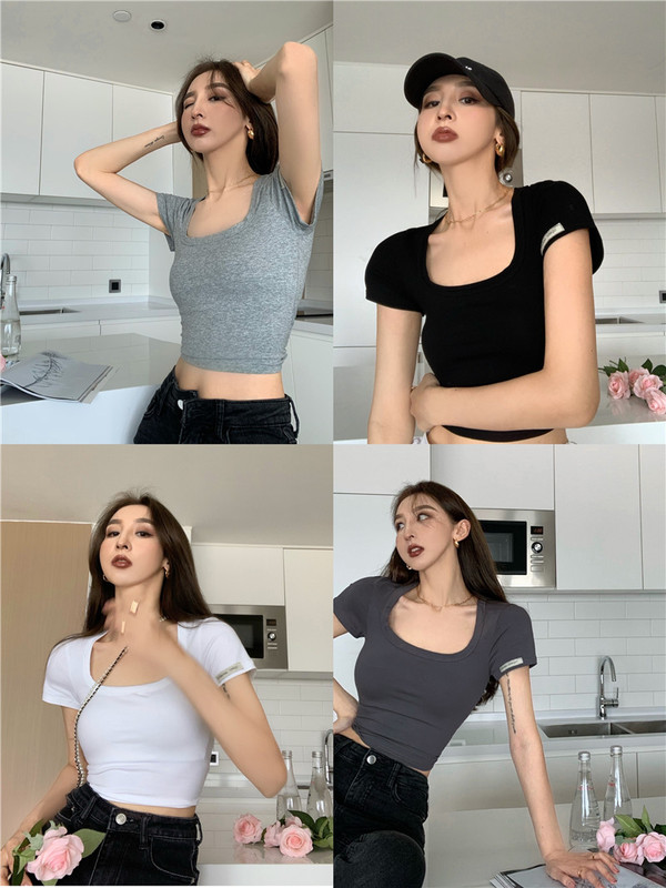 Real price U-neck low cut solid tight short sleeve T-shirt