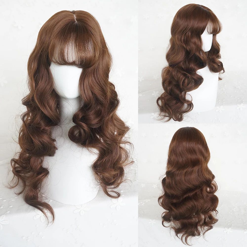 Long Wavy Brown Wig with Bangs Synthetic Women Lolita Cospla