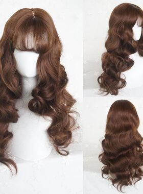 Long Wavy Brown Wig with Bangs Synthetic Women Lolita Cospla