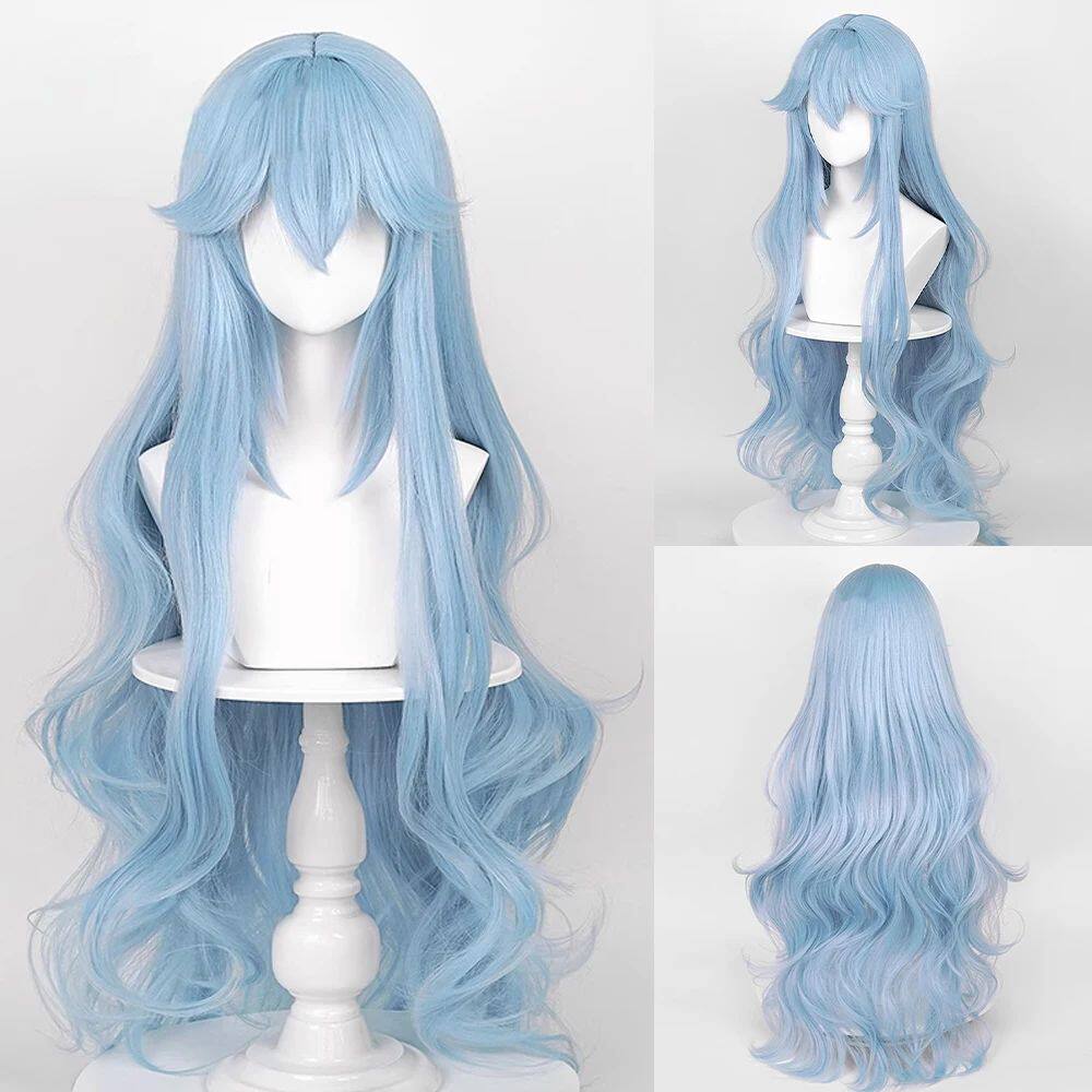 Long Wavy Synthetic Blue Women Wig with Bangs Fluffy Anime G