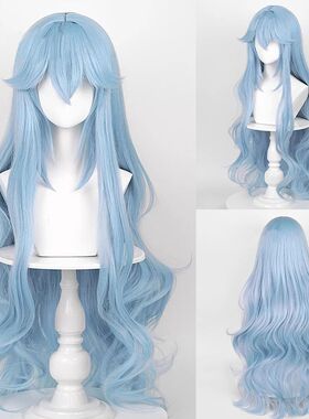 Long Wavy Synthetic Blue Women Wig with Bangs Fluffy Anime G