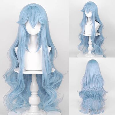 Long Wavy Synthetic Blue Women Wig with Bangs Fluffy Anime G