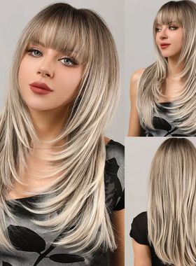 Women Blonde Wigs Long Blonde Bangs Dark Root Layered Synthe