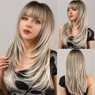 Women Blonde Wigs Long Blonde Bangs Dark Root Layered Synthe