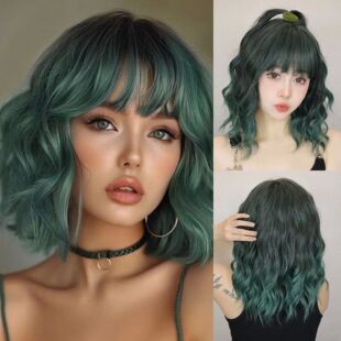 Short Wavy Green Synthetic Wigs for Women Green Cosplay Hair