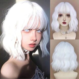 MSIWIGS Synthetic Short Women White Wavy Curly Wig with Bang