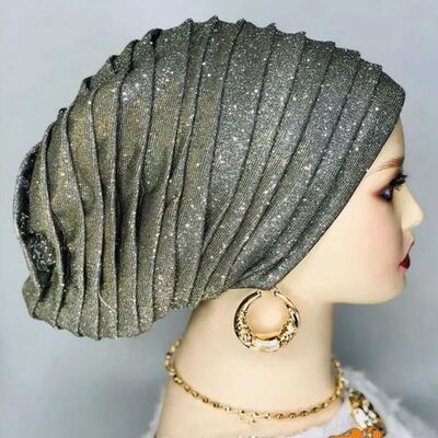 Glitter Full Body Pleated African Turban Cap Women's Head Wr